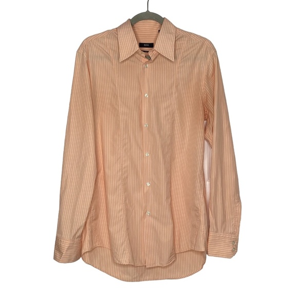 BOSS Hugo Boss Slim Fit Peach Stripe Dress Shirt Tailored European Fit 41/42 L - Picture 2 of 13